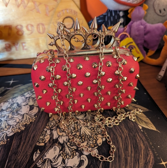 Spiked Hot Pink Evening Clutch with Strap - Picture 5 of 7